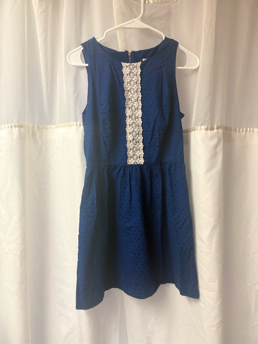 Navy Blue Sleeveless Dress with White Lace Trim